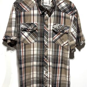 BKE Brown Plaid Slim Fit Western Pearl Snap Shirt XL